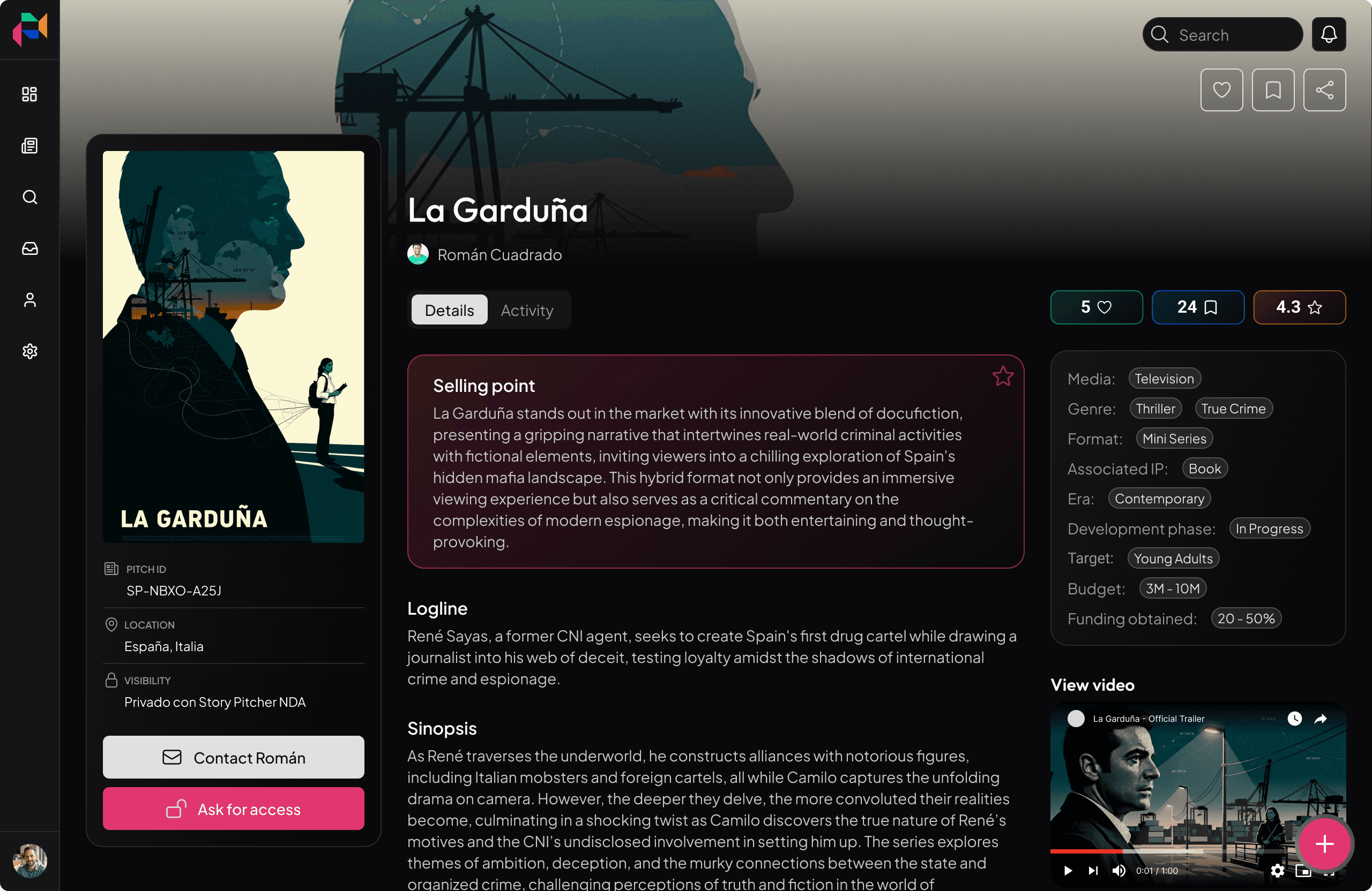 StoryPitcher pitch view interface